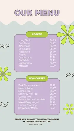 Foods & Beverage Coffee Shop Menu