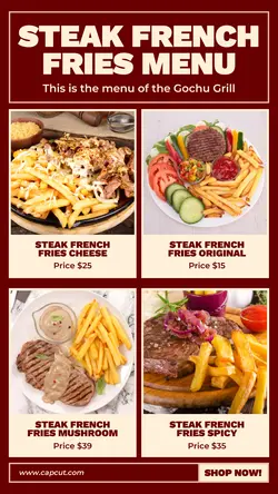 Steak French Fries Menu Product Display Instagram Post Red Minimalist