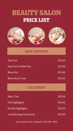 Beauty Salon Price List Instagram Story