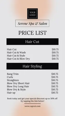 Beauty Care Salon Pricelist Instagram Story