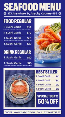 Food Seafood Menu Instagram Story Blue White Minimalist