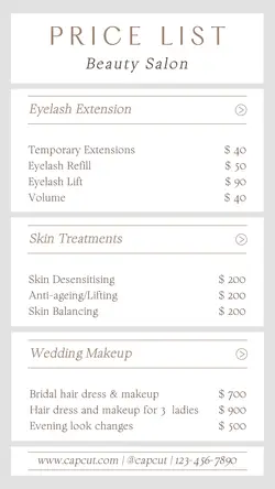 Beauty Salon Price List Instagram Story