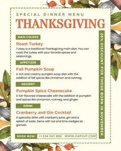Special Dinner Menu Thanksgiving Promotion