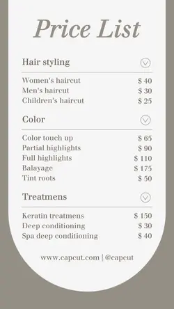 Beauty Salon Price List Instagram Story