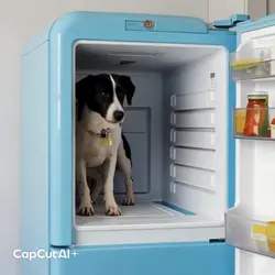 冷蔵庫の中から飛び出す犬