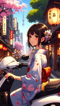 バイクと浴衣少女