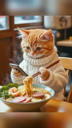 An orange cat eating