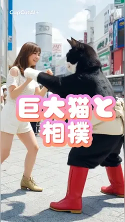 巨大猫と相撲する