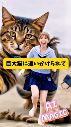 巨大猫に追いかけられてビーチで大はしゃぎ