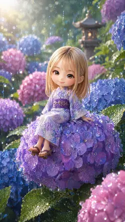 ミニチュア化浴衣に変身紫陽花に腰掛ける
