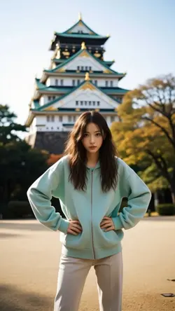 大阪城前で女の子が着物に着替えてお洒落な